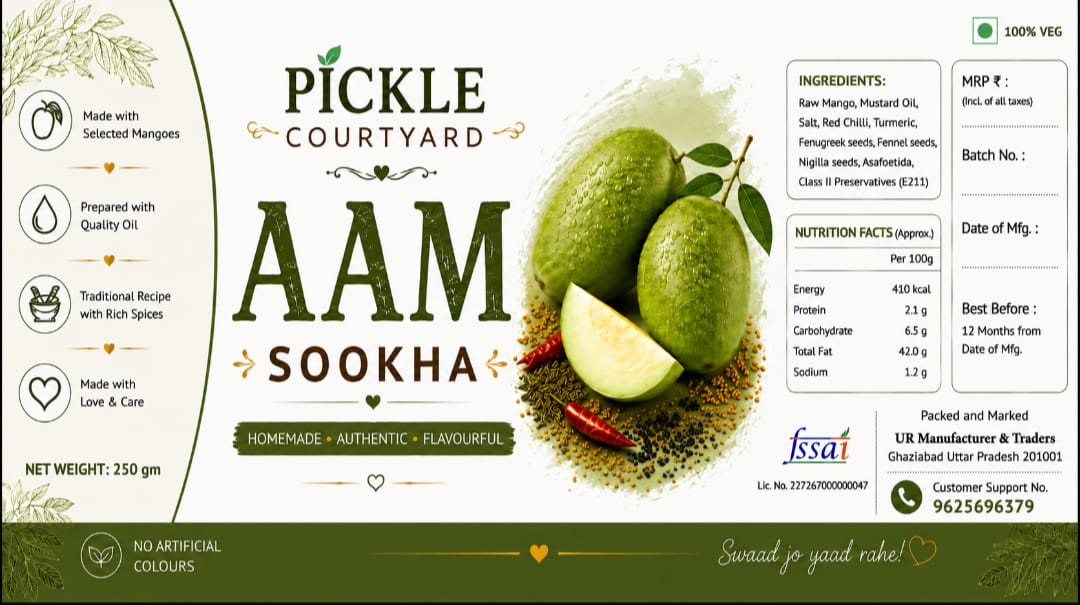 Pickle Courtyard Aam Sookha Packaging Label and Ingredients